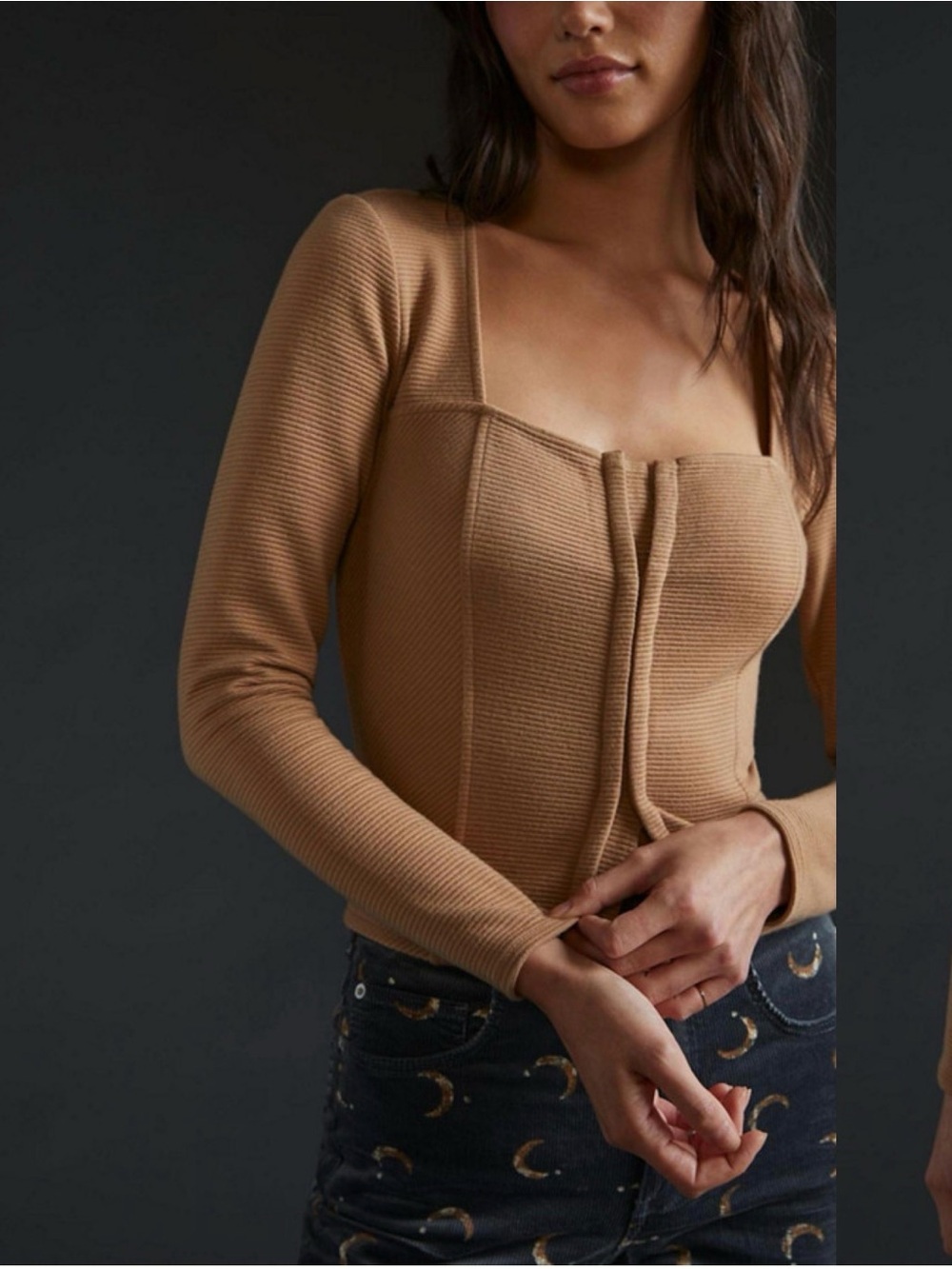BB Dakota by Steve Madden Camel Ribbed Square-Neck Long Sleeve Top